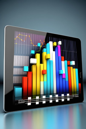 Tablet with graph bars on grey background, created using generative ai technology. Statistics, graphs and charts concept digitally generated image.の素材