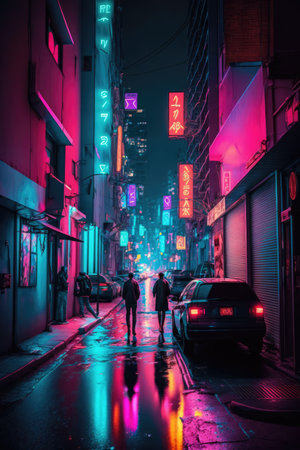City street with people, cars, buildings and neon lights created using generative ai technology. Cityscape, color and light concept digitally generated image.の素材
