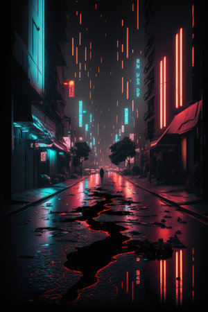 City street with trees, cars, buildings and neon lights created using generative ai technology. Cityscape, color and light concept digitally generated image.の素材