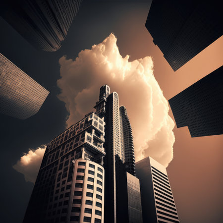 Cityscape of modern skyscrapers over sky and clouds, using generative ai technology. Cityscape, airplanes and modern concept digitally generated image.の素材