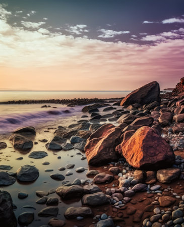 Landscape of beach with rocks over sea and blue sky, created using generative ai technology. Landscape, nature and beach concept.の素材
