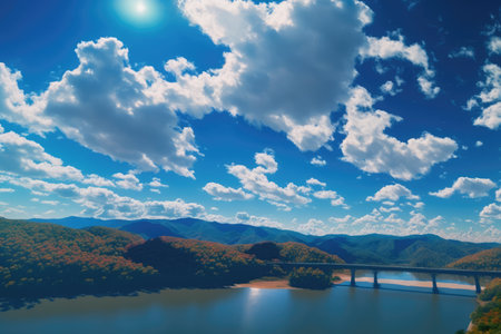 Landscape, clouds over hills and bridge, created using ai technology. nature, digitally generated image.の素材