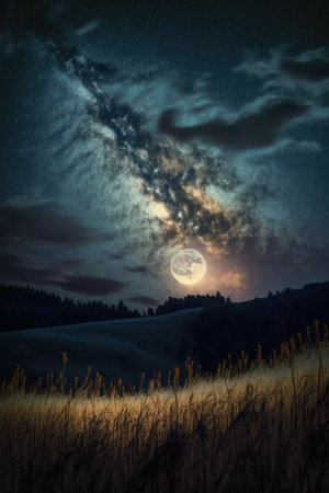 Constellation stars and milky way and full moon on night sky, created using generative ai technology. Astronomy, constellation, space and galaxy concept digitally generated image.の素材