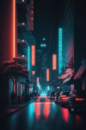 City street with trees, cars, buildings and neon lights created using generative ai technology. Cityscape, color and light concept digitally generated image.の素材