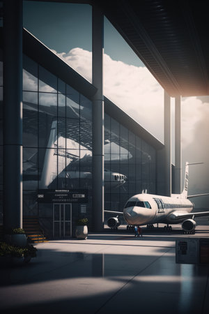 Modern airport building and plane created using generative ai technology. Airport, transport and travel concept digitally generated image.の素材