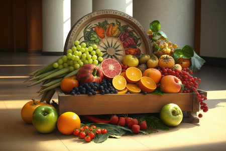 Empty room with basket of vegetables and fruit on floor, using generative ai technology. Food, shopping and healthy concept digitally generated image.の素材