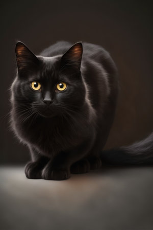 Black cat with yellow eyes on black background created using generative ai technology. Animals, pets and nature concept digitally generated image.の素材
