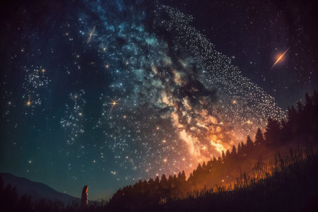 Astronomy constellation stars and milky way on night sky, created using generative ai technology. Astronomy, constellation, space and galaxy concept digitally generated image.の素材