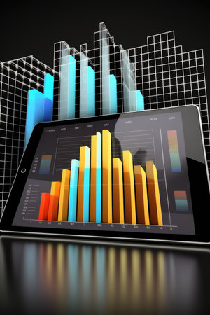 Tablet with graph bars on black background, created using generative ai technology. Statistics, graphs and charts concept digitally generated image.の素材