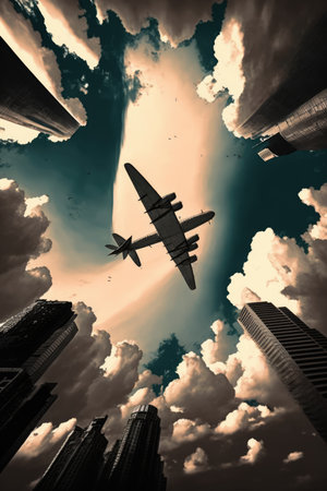Cityscape of modern skyscrapers over airplane on sky and clouds, using generative ai technology. Cityscape, airplanes and modern concept digitally generated image.の素材