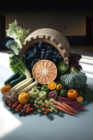 Empty room with basket of vegetables and fruit on floor in corridor, using generative ai technology. Food, shopping and healthy concept digitally generated image.の素材
