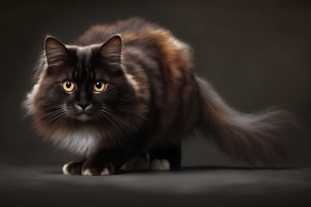 Black and brown cat with yellow eyes on black background created using generative ai technology. Animals, pets and nature concept digitally generated image.の素材