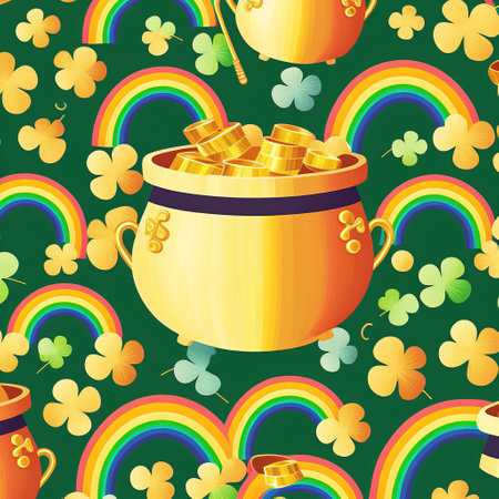 Pot of gold with orange and green shamrocks and rainbows, created using generative ai technology. St patricks day, irish tradition and celebration concept digitally generated image.の素材