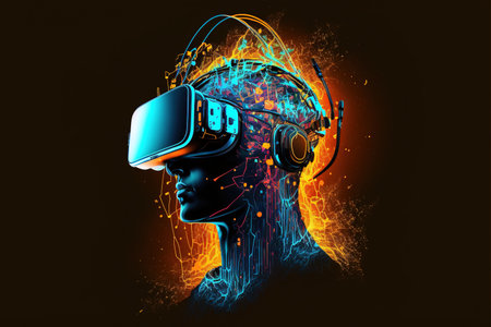 Human head in vr headset with glowing sparks and connections, created using generative ai technology. Cyber technology and futuristic virtual reality headset concept digitally generated image.の素材