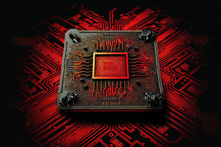 Red computer processor on black background, created using generative ai technology. Computer microchip technology and digital information concept digitally generated image.の素材