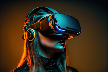 Caucasian woman in vr headset, in glowing orange light, created using generative ai technology. Cyber technology and futuristic virtual reality headset concept digitally generated image.の素材