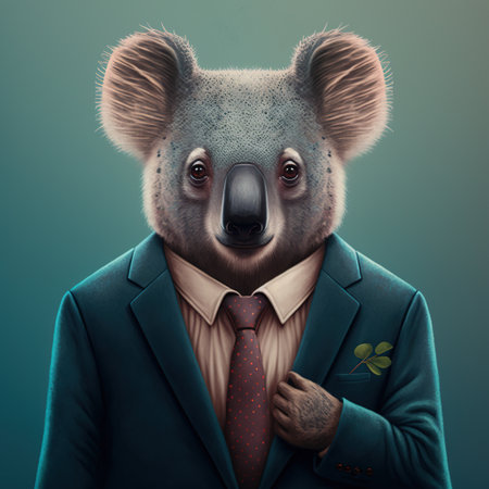 Portrait of koala in suit and brown tie on blue background, created using generative ai technology. Nature and style concept, digitally generated image.の素材
