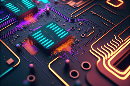 Colourful neon computer chip on black background, created using generative ai technology. Computer microchip technology and digital information concept digitally generated image.の素材