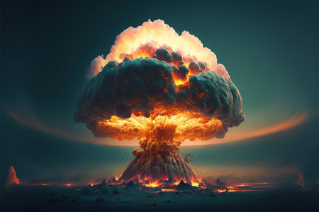 Image of landscape with nuclear explosion created using generative ai technology. Nuclear weapon, explosion and radiation concept, digitally generated image.の素材