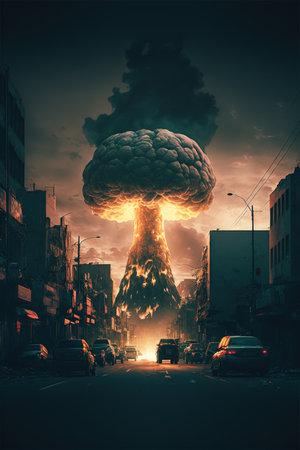 Image of cityscape with nuclear explosion created using generative ai technology. Nuclear weapon, explosion and radiation concept, digitally generated image.の素材