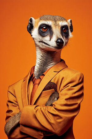 Portrait of meerkat with orange suit and tie, on orange, created using generative ai technology. Nature and style concept, digitally generated image.の素材