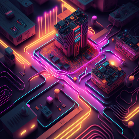 Close up of neon computer processor on black background, created using generative ai technology. Computer microchip technology and digital information concept digitally generated image.の素材