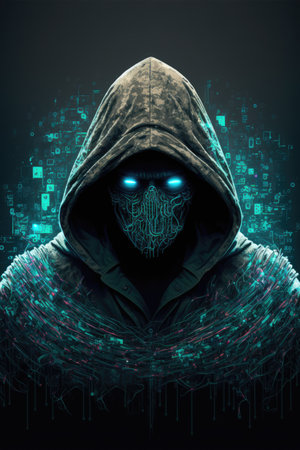 Hacker in digital circuit board mask over digital data, created using generative ai technology. Global online hacking, security, technology and computing concept digitally generated image.の素材