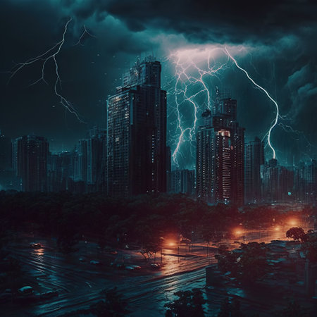 Image of cityscape with sky, clouds and lightning created using generative ai technology. Weather, landscape and nature concept, digitally generated image.の素材