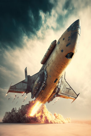Spaceship taking off against cloud background, created using generative ai technology. Space travel and alien concept digitally generated image.の素材