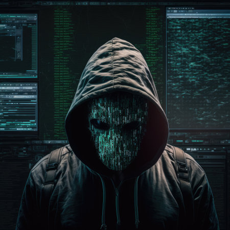 Hacker in digital alien mask over digital data background, created using generative ai technology. Global online hacking, security, technology and computing concept digitally generated image.の素材