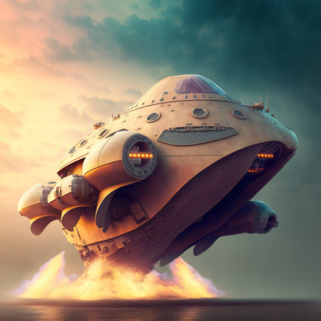 Spaceship taking off over sky against cloud background, created using generative ai technology. Space travel and alien concept digitally generated image.の素材
