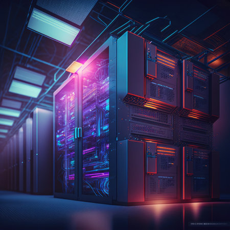 Computer servers with glowing lights in server farm, created using generative ai technology. Retro video game and home entertainment concept digitally generated image.の素材