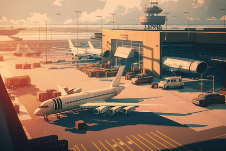 Airport building with cars and planes created using generative ai technology. Airport, transport and travel concept digitally generated image.の素材