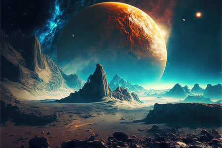 Image of planets, stars and outer space and sky, created using generative ai technology. Spacescape, cosmos and galaxy concept digitally generated image.の素材