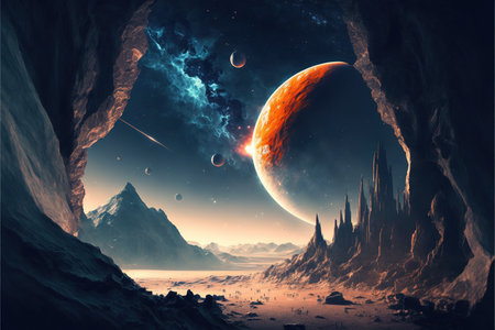 Image of planets, stars and outer space and sky, created using generative ai technology. Spacescape, cosmos and galaxy concept digitally generated image.の素材