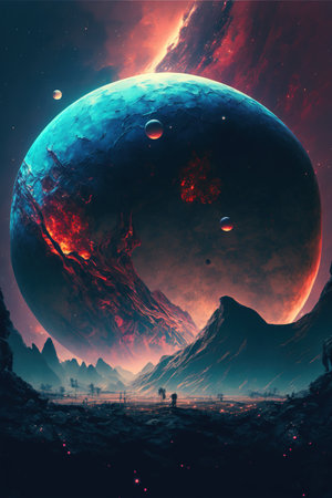 Image of planets, stars and outer space and sky, created using generative ai technology. Spacescape, cosmos and galaxy concept digitally generated image.の素材