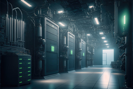 Computer servers with green lights in server farm, created using generative ai technology. Computing and data processing concept digitally generated image.の素材