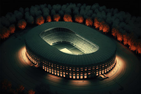 Football stadium with lights and trees created using generative ai technology. Sport and competition concept.の素材