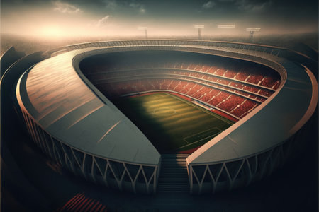General view of football stadium and sky with clouds created using generative ai technology. Sport and competition concept.の素材