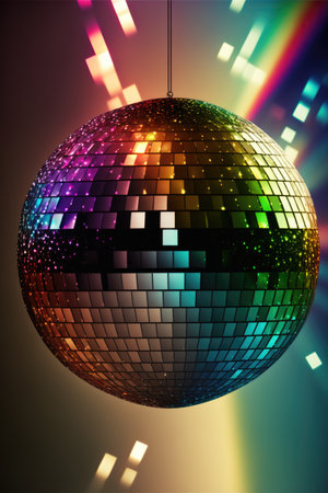 Disco ball with light spots over colorful background created using generative ai technology. Party, celebration and colors concept.の素材
