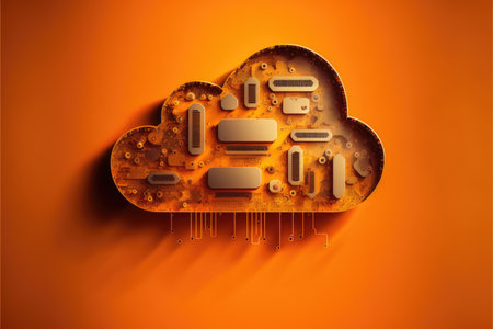 Digital orange cloud with computer circuit board, created using generative ai technology. Cloud computing and data processing concept digitally generated image.の素材