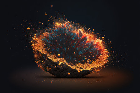 Magnified shiny orange liquid particles floating in the air created using generative ai technology. Energy and suspension of microscopic particles moving in air concept.の素材