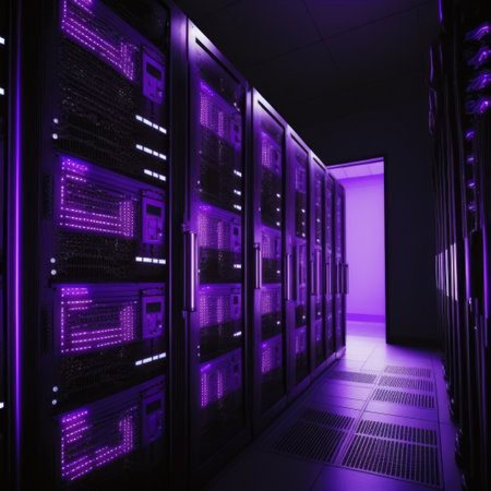 Computer servers with purple lights in server farm, created using generative ai technology. Computing and data processing concept digitally generated image.の素材