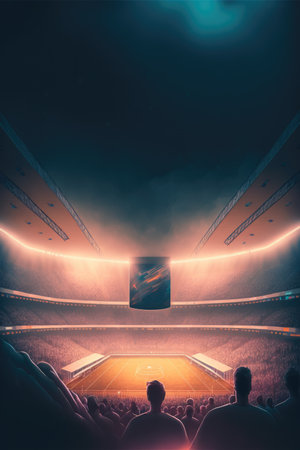 Football stadium with lights and supporters created using generative ai technology. Sport and competition concept.の素材