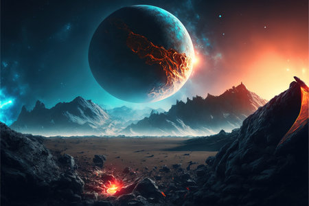 Image of planets, stars and outer space and sky, created using generative ai technology. Spacescape, cosmos and galaxy concept digitally generated image.の素材