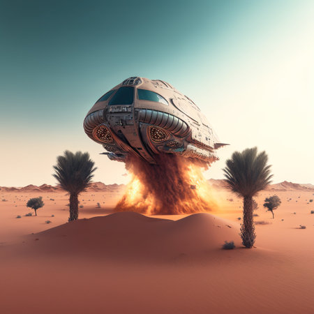 Spaceship taking off over desert against sky background, created using generative ai technology. Space travel and alien concept digitally generated image.の素材