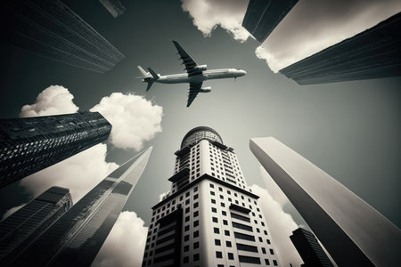 Cityscape of modern skyscrapers over airplane on sky and clouds, using generative ai technology. Cityscape, airplanes and modern concept digitally generated image.の素材