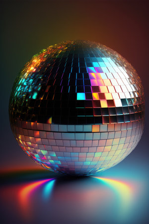 Disco ball with light spots over colorful background created using generative ai technology. Party, celebration and colors concept.の素材