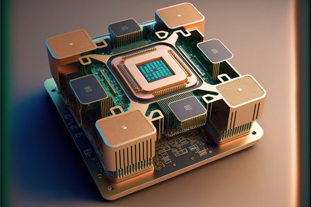 Computer processor on beige background, created using generative ai technology. Computer microchip technology and digital information concept digitally generated image.の素材