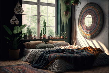 Bedroom with bed, plants and large window, created using generative ai technology. Eclectic style house interior decor concept digitally generated image.の素材